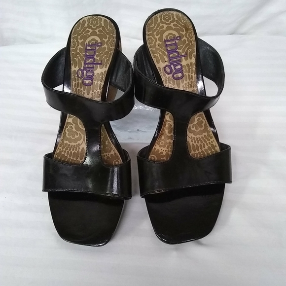 Indigo Womens Sandals 3" Wedge Cork Heels Black Leather Band  Slide On Size 7M - Picture 2 of 8